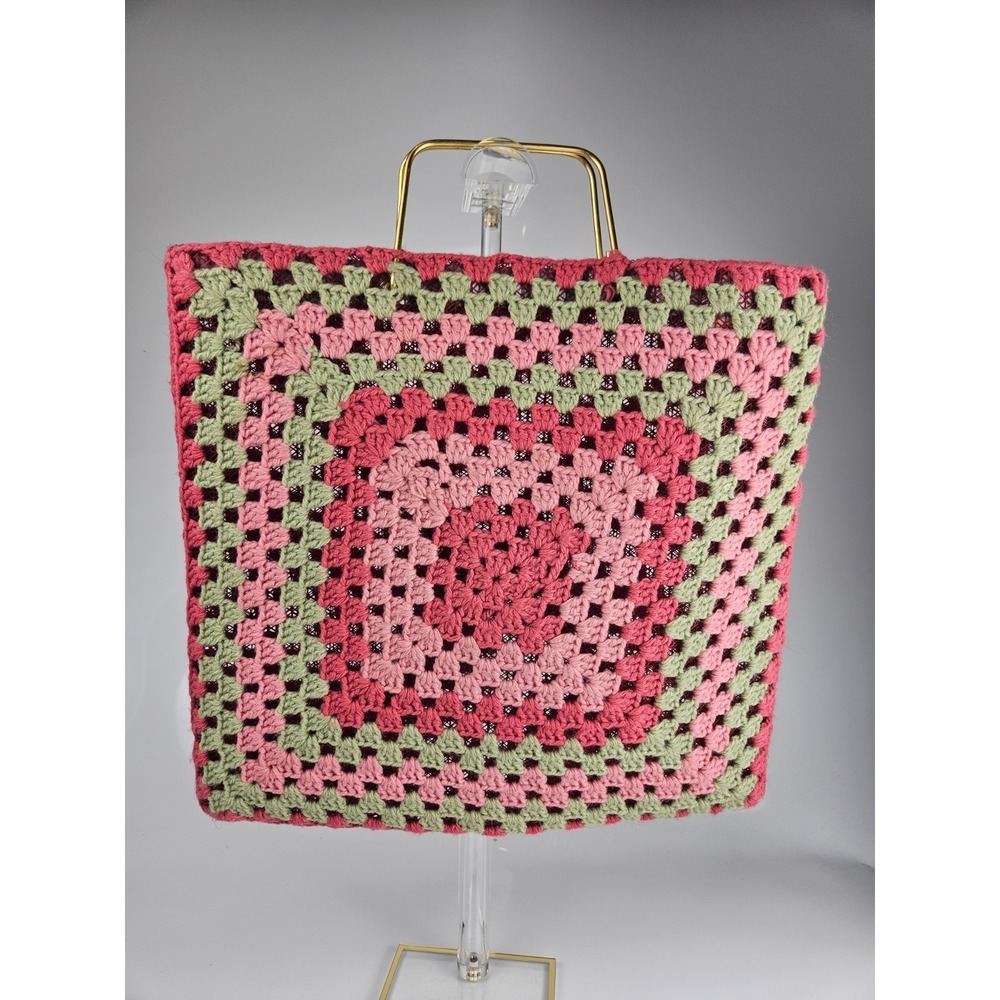 Granny Square Crochet Handbag Pink Green Structured‎ Metal Handle